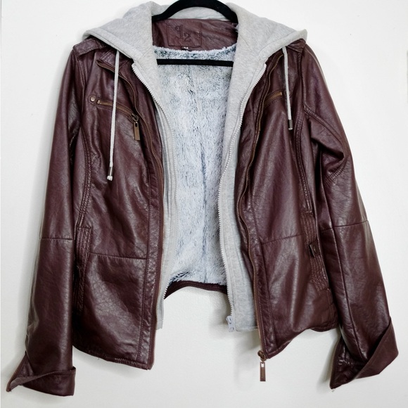 Women's Burgundy Leather/Fur Jacket with Gray Hoodie - Picture 1 of 5